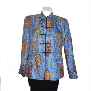 ADRIANNA PAPELL Jacket Safe Silk Blue Toggle Closure Womens Size 14 VINTAGE